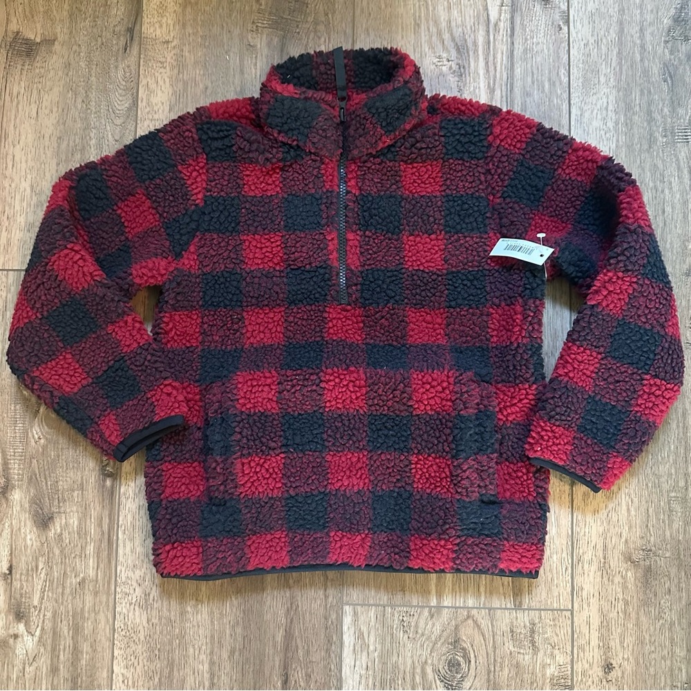 NEW! Kid’s Amazon Essentials Buffalo Plaid Quarter Zip Sherpa Pullover, Sm (6/7)